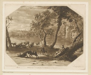 Landschap met herder en vee aan de oever van een rivier