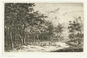 Landschap met herder en zijn kudde aan de rand van het bos