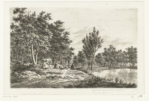 Landschap met herder en zijn kudde bij een vijver