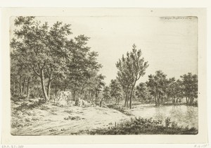Landschap met herder en zijn kudde bij een vijver