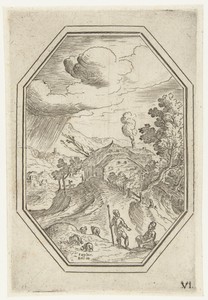 Landschap met herder in octagonaal kader