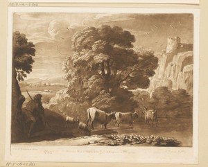 Landschap met herder, twee geiten en drie ossen bij een meer