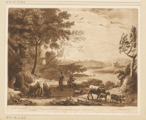 Landschap met herderin en fluitspelende herder bij een meer