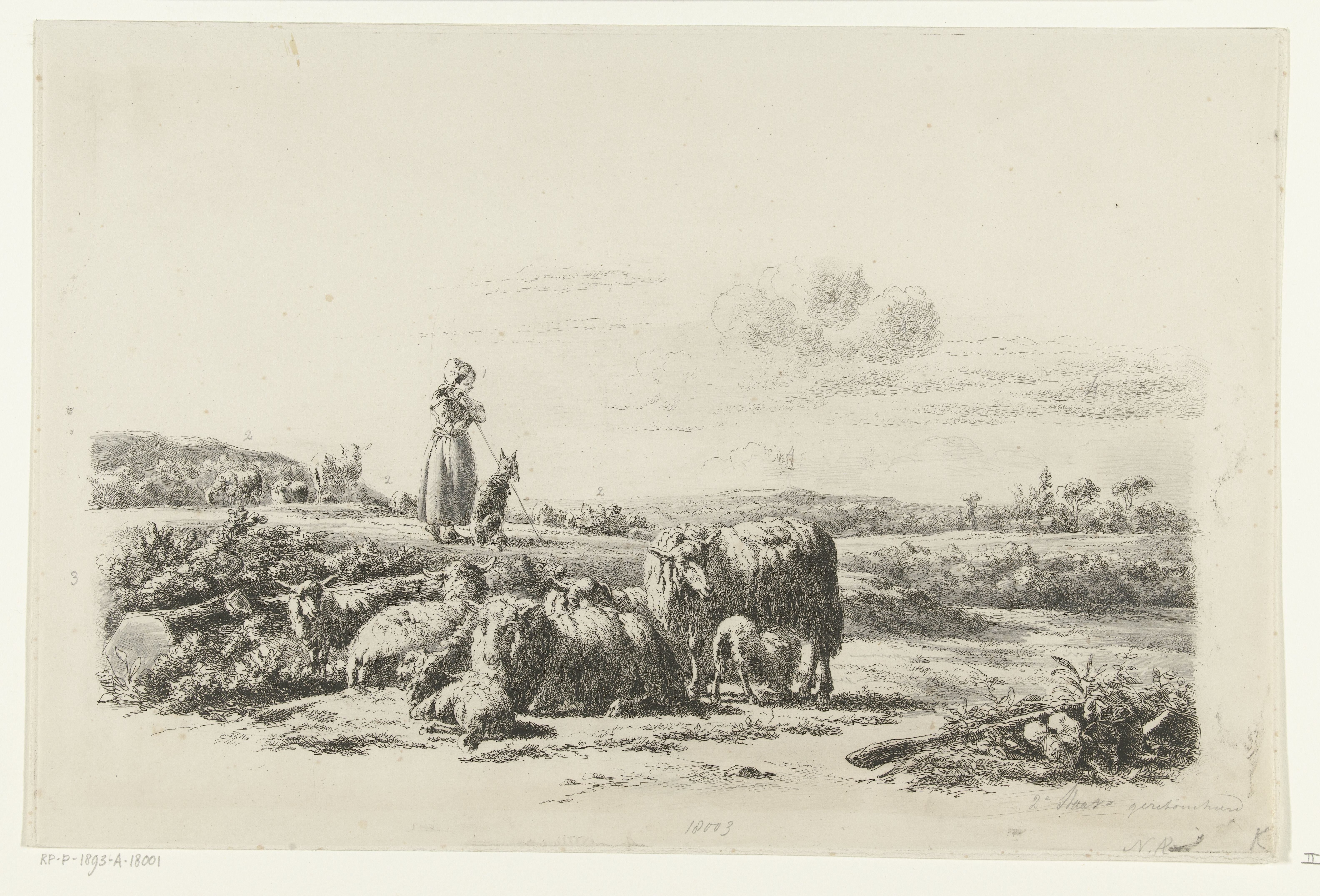 Landschap met herderin en hond bij kudde schapen by Simon van den Berg