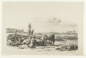Landschap met herderin en hond bij kudde schapen