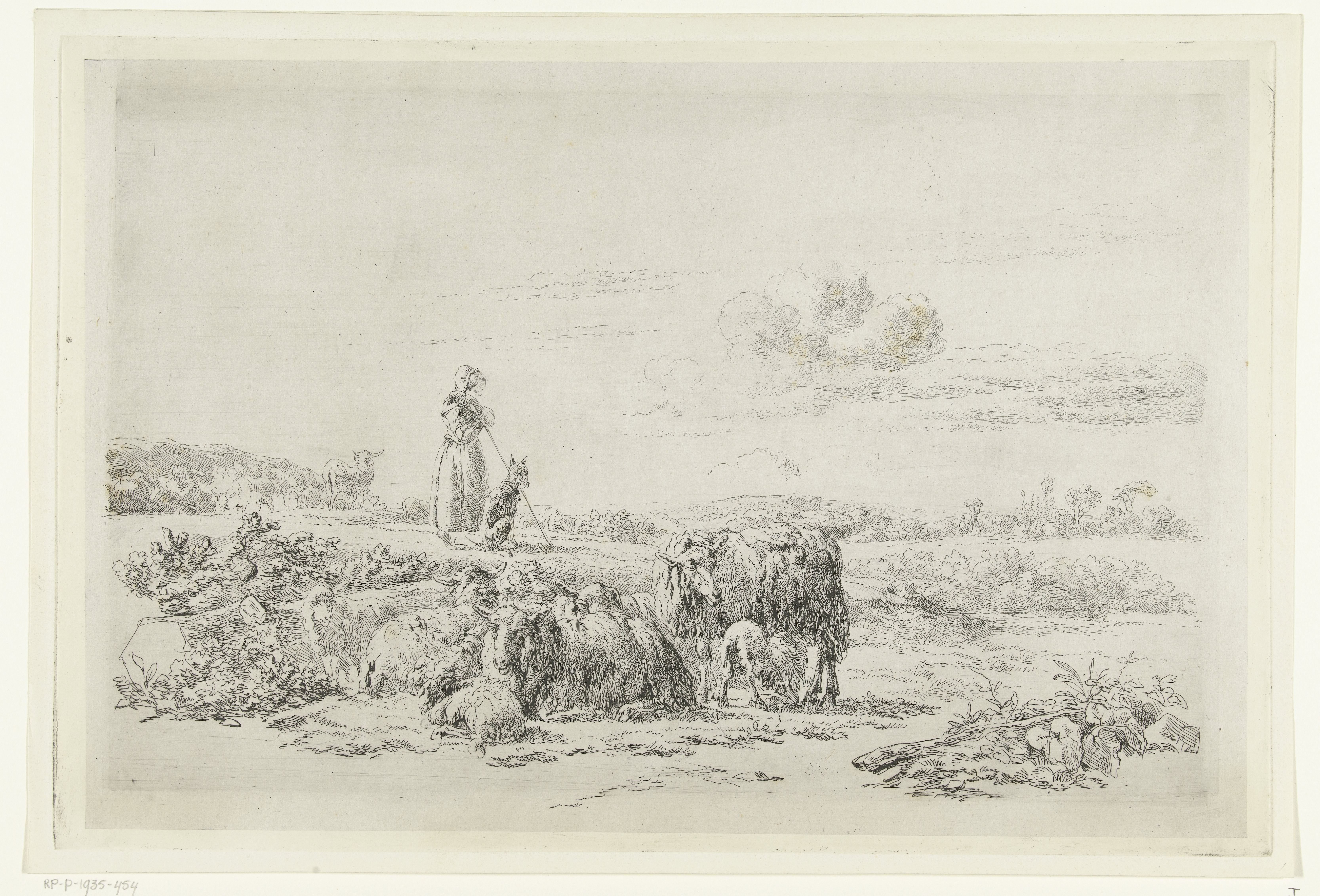 Landschap met herderin en hond bij kudde schapen by Simon van den Berg