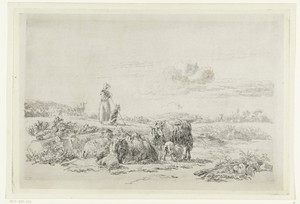 Landschap met herderin en hond bij kudde schapen