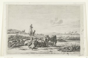 Landschap met herderin en hond bij kudde schapen