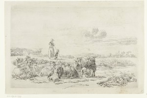 Landschap met herderin en hond bij kudde schapen