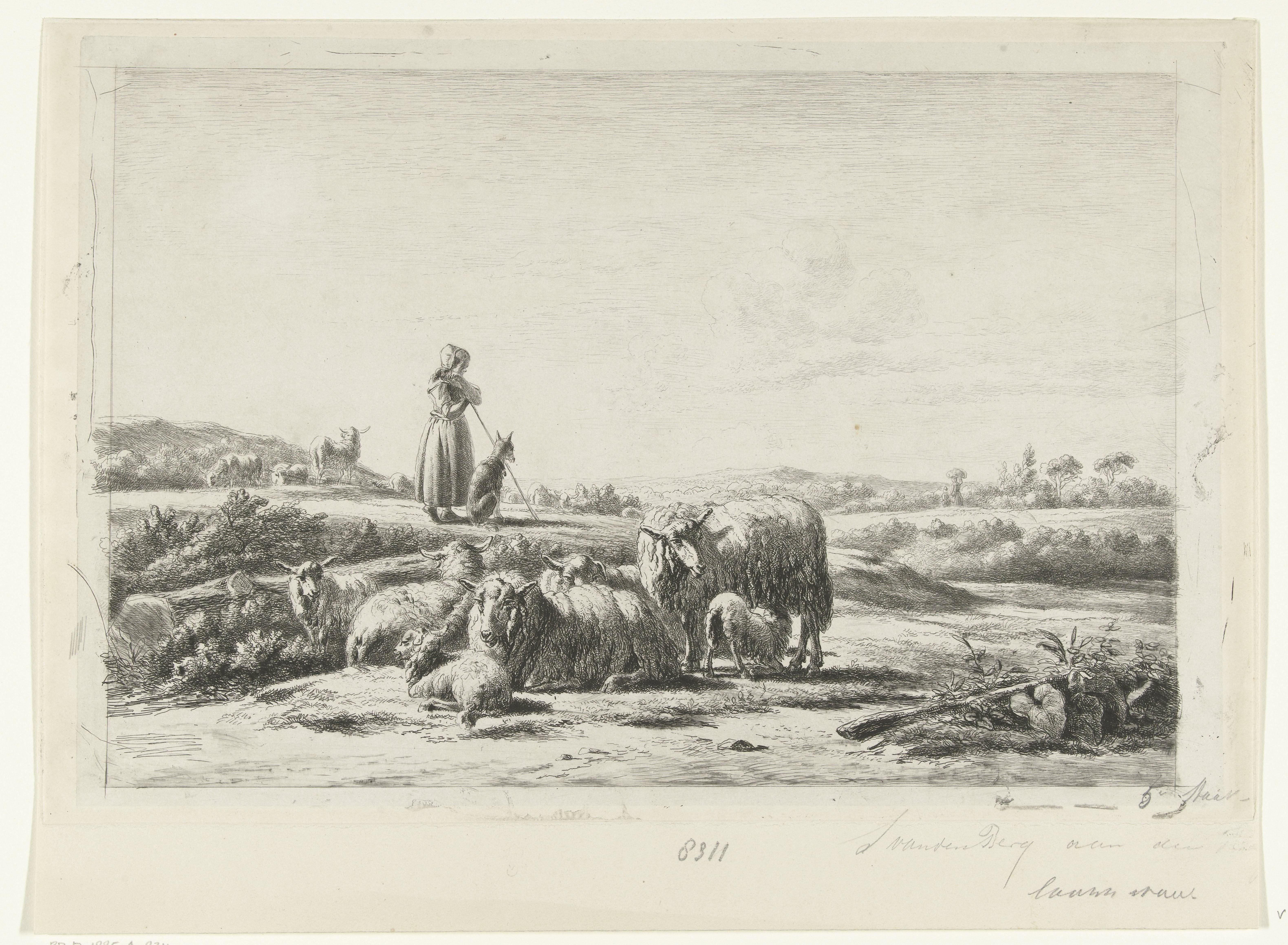 Landschap met herderin en hond bij kudde schapen by Simon van den Berg