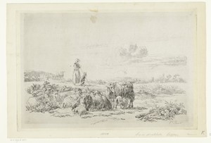 Landschap met herderin en hond bij kudde schapen