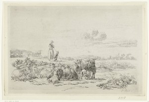 Landschap met herderin en hond bij kudde schapen