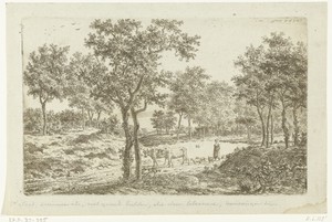 Landschap met herderin en kudde voor een vijver met twee eenden