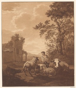 Landschap met herderin met een lam in haar armen