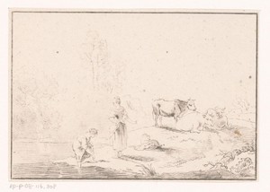 Landschap met herderinnen bij water
