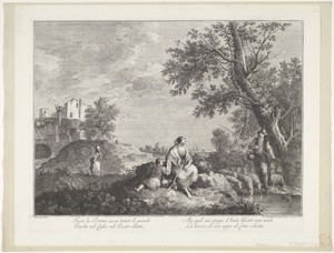 Landschap met herderinnen en jongens bij waterval