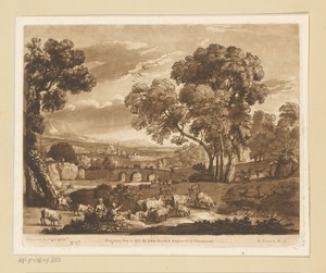 Landschap met herderinnen, vee en gevecht op een brug