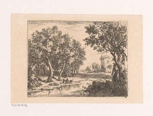 Landschap met herders aan het water en een toren op de achtergrond