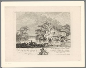 Landschap met herders bij een watermolen aan een rivier