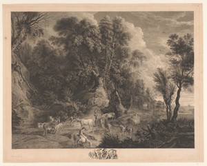 Landschap met herders en kudde bij een drinkplaats