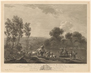 Landschap met herders en reizigers aan een oever