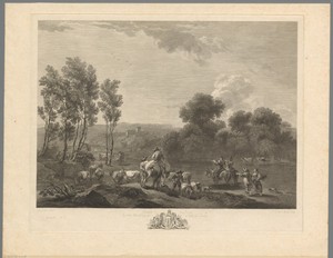 Landschap met herders en reizigers aan een oever