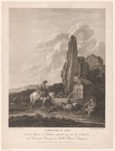 Landschap met herders en reizigers bij een waterplaats