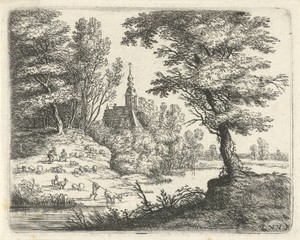 Landschap met herders en vee bij een rivier