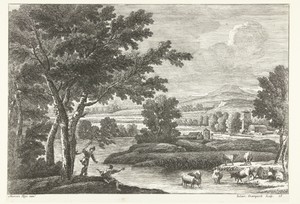 Landschap met herders en vee bij water