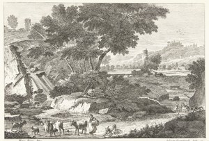 Landschap met herders en vee bij waterval