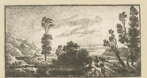 Landschap met herders en vee bij zonsondergang