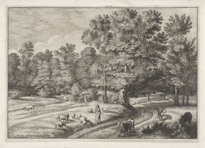 Landschap met herders in een bos