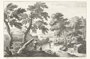 Landschap met herders op weg langs kleine waterval