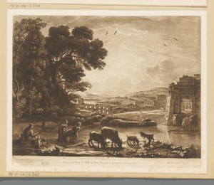 Landschap met herders, vee en triomfboog rond een meer