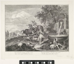 Landschap met herdersfamilie bij waterbassin