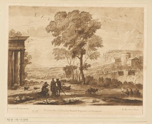 Landschap met herdersfamilie, ruïne en drinkende ossen