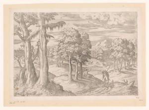 Landschap met herten en jagers