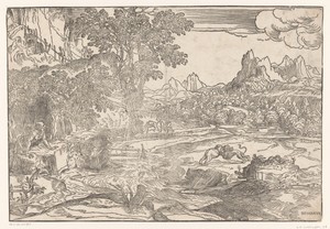 Landschap met Hieronymus en twee leeuwen