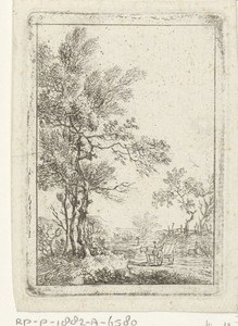 Landschap met hoge boompartij en paard en wagen