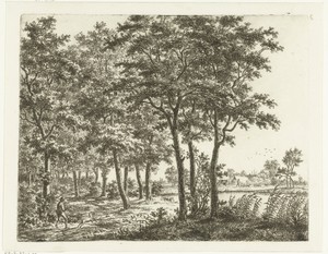 Landschap met hond en man die een takkenbos draagt