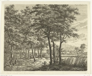 Landschap met hond en man die een takkenbos draagt