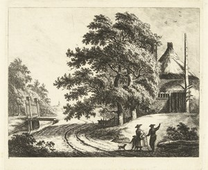 Landschap met hooimijt op terp aan weg langs sloot