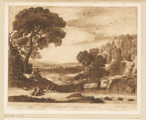 Landschap met houten brug en Tempel der Sibylle