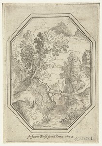 Landschap met houten brug in octagonaal kader