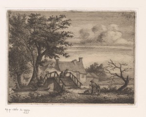 Landschap met houten brug over een rivier