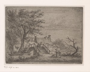 Landschap met houten brug over een rivier