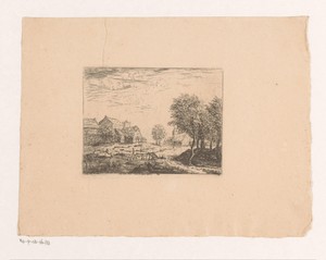 Landschap met houten loopbrug richting een dorp