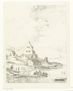 Landschap met huis en steiger aan rivier