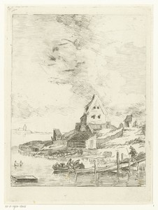Landschap met huis en steiger aan rivier
