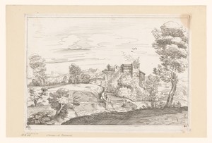 Landschap met huis en zittende figuur